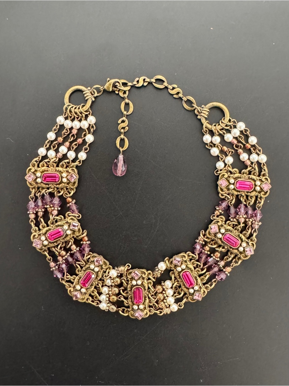 Vintage‎ Rhodolite Victorian Beaded Choker Elegant Gold and Pink Necklace